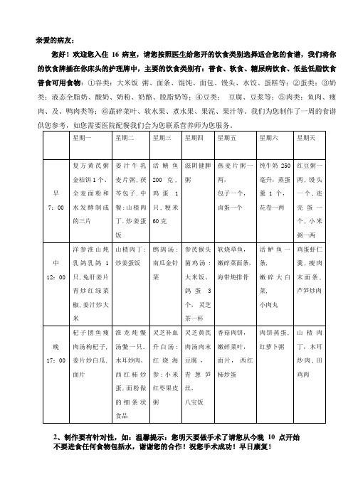 我们将你的饮食牌插在你床头的护理牌中,主要的饮食类别有:普食,软食