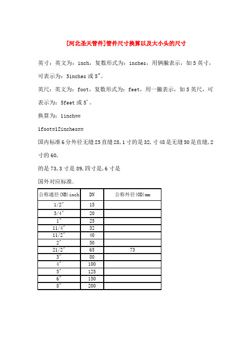 管件尺寸換算以及大小頭的尺寸 英寸:英文為:inch,複數形式為:inchs