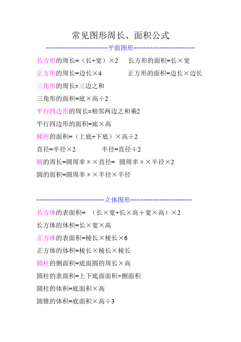 常见图形周长,面积公式 --平面图形-- 长方形的周长=(长 宽)×2长方形