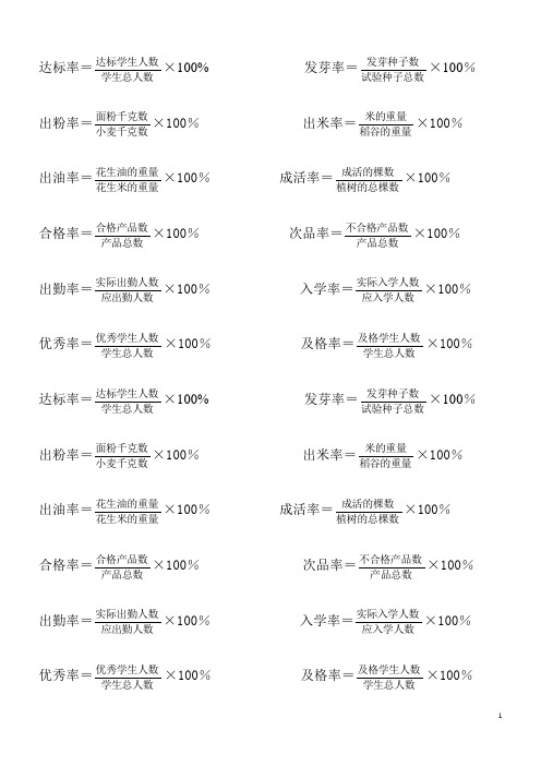 出油率=×100%成活率=×100% 合格率=×100%次品率=×100% 出勤率=