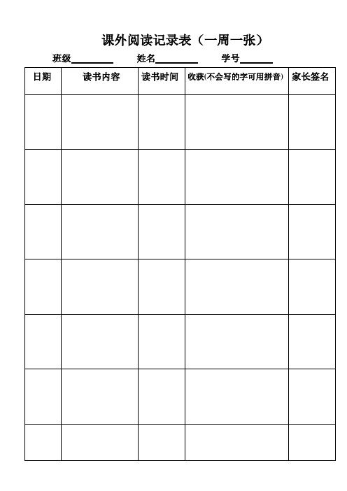 课外阅读记录表(一周一张) 班级姓名学号日期|读书内容|读书时间|收获