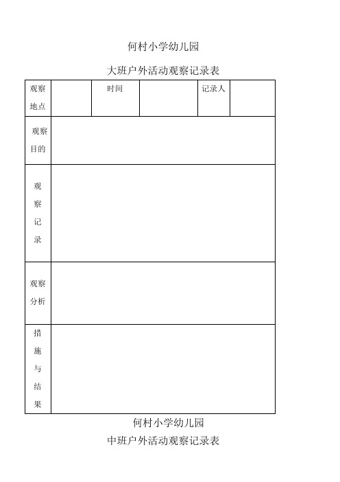 何村小学幼儿园 大班户外活动观察记录表 观察地点|时间|记录人|观察