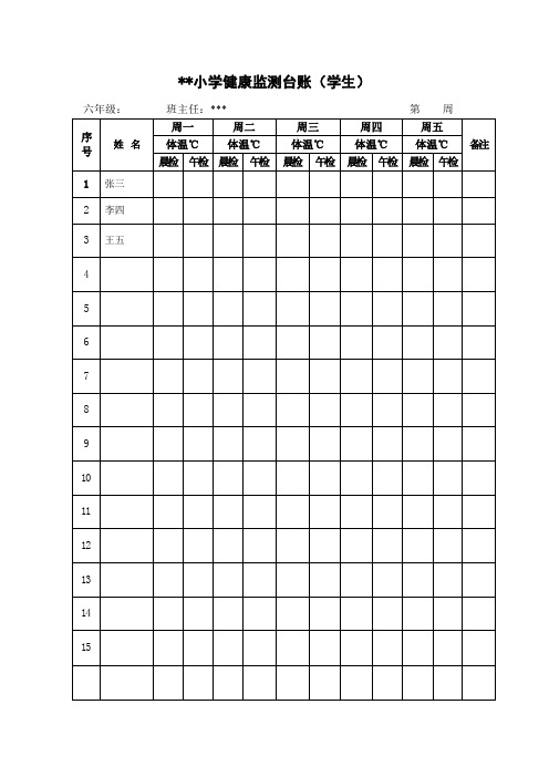 *小学健康监测台账(学生 六年级:班主任*第周序号|姓名|周一