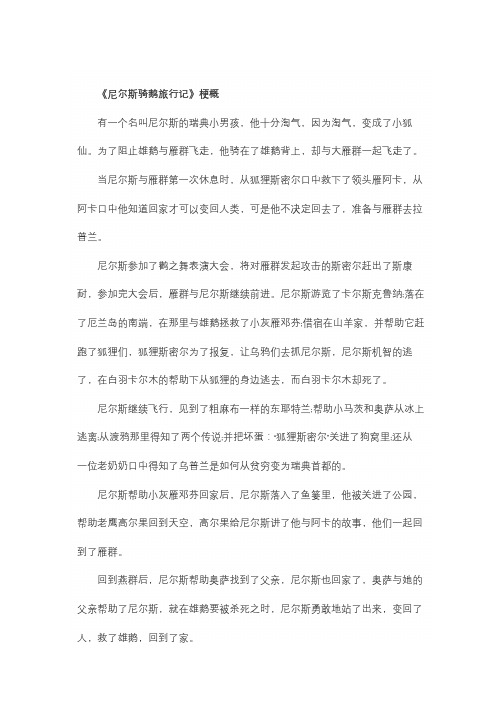 《尼尔斯骑鹅旅行记》梗概 有一个名叫尼尔斯的瑞典小男孩,他十分淘气