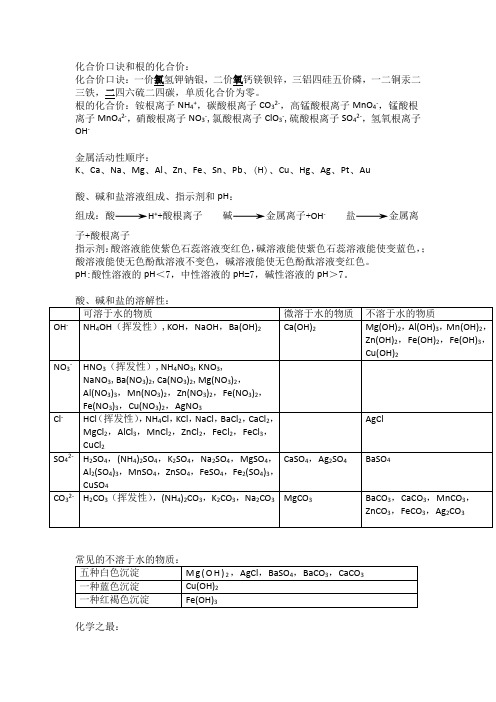 化合价口诀和根的化合价 化合价口诀:一价氯氢钾钠银,二价氧钙镁钡锌