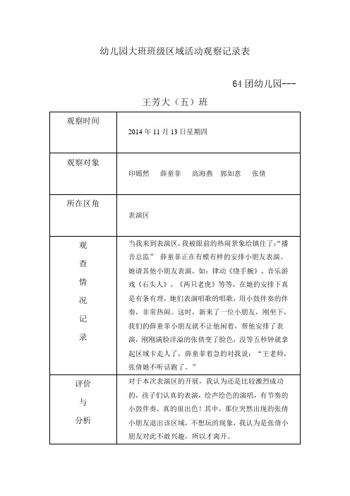 幼儿园大班班级区域活动观察记录表 64团幼儿园---王芳大(五)班 观察