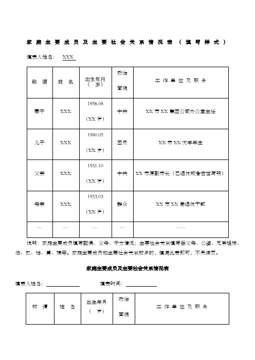家庭主要成员及主要社会关系情况表(填写样式) 填表人姓名:xxx称 谓