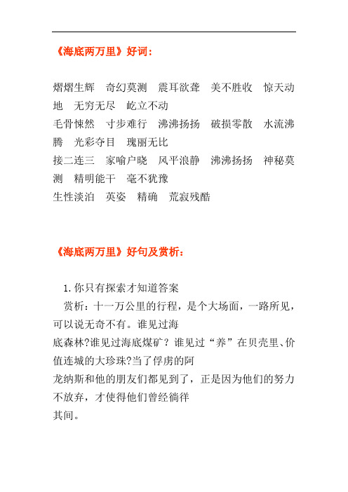 《海底两万里》好词: 熠熠生辉 奇幻莫测 震耳欲聋 美不胜收 惊天动地