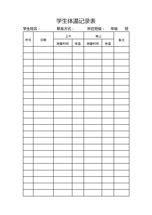 學生體溫記錄表 學生姓名:聯繫方式:所在班級:年級班 序號|日期|上午