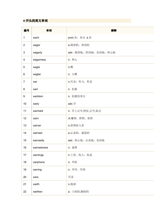 e开头的英文单词 编号|单词|解释| 1|each|prn.各,各自 a.