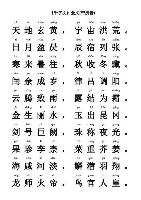《千字文》全文(带拼音) tiān|dì|xuán|huáng||yǔ|zhòu|hóng