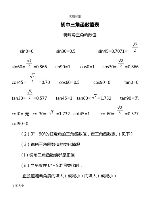 初中三角函数值表 特殊角三角函数值 sin0=0 sin30=0.5 sin45=0.