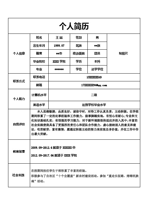 个人简历| 个人信息|姓名|王xx|性别|男|贴照片| 出生年月|1999.