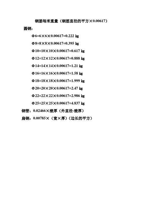 鋼筋每米重量(鋼筋直徑的平方×0.00617) 圓鋼: Φ6=6×6×0.00617=0.