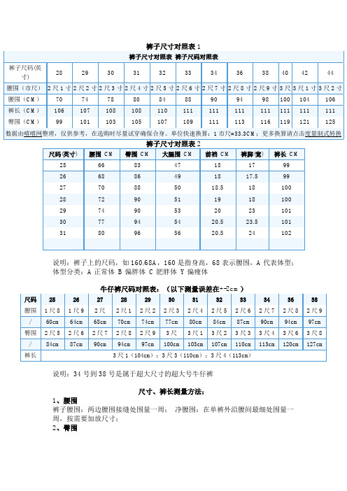 尺寸对照表 裤子尺码对照表 裤子尺码(英寸|28|29|30|31|32|33|34