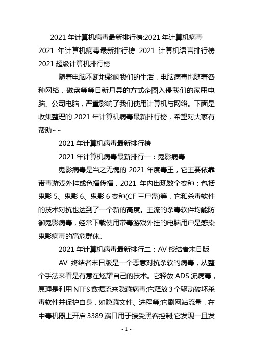 2021年计算机病毒最新排行榜-2021年计算机病毒