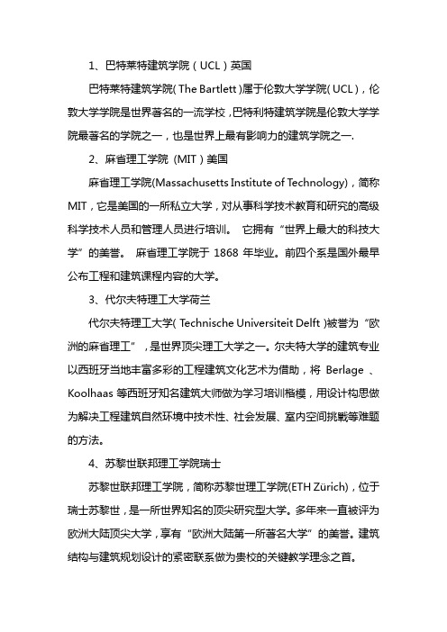 1,巴特莱特建筑学院(ucl)英国 巴特莱特建筑学院( the bartlett )属于