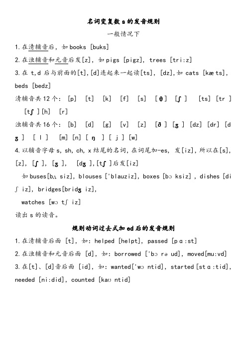 名词变复数s的发音规则一般情况下 1.在清辅音后,如bks[buks]2.