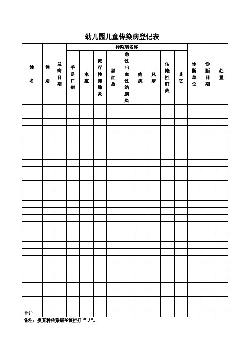 幼儿园儿童传染病登记表 姓|名|性|别|发|病|日|期|传染病名称|诊|断