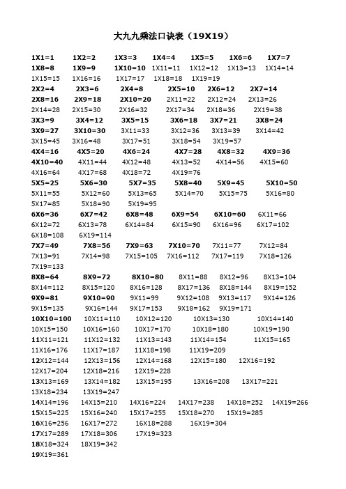 大九九乘法口诀表(19x19) 1x1=1 1x2=2 1x3=3 1x4=4 1x5=5 1x6=6 1x7=