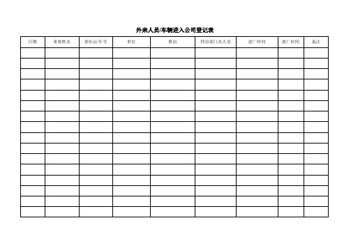 外来人员/车辆进入公司登记表 日期|来客姓名|身份证/车号|单位|事由