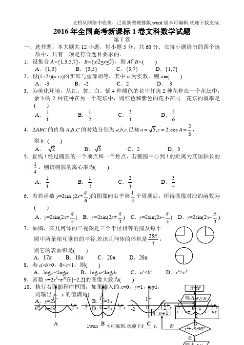 2016年全国高考新课标1卷文科数学试题 第Ⅰ卷一,选择题,本大题共12小