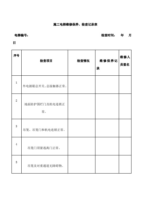 施工电梯维修保养,检查记录表 电梯编号: 检查时间: 年月日 序号