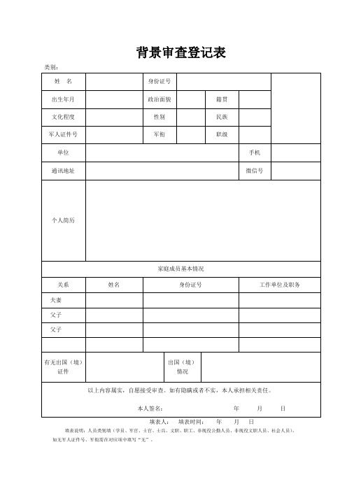 背景审查登记表| 类别:|姓名|身份证号|出生年月|政治面貌|籍贯|文化