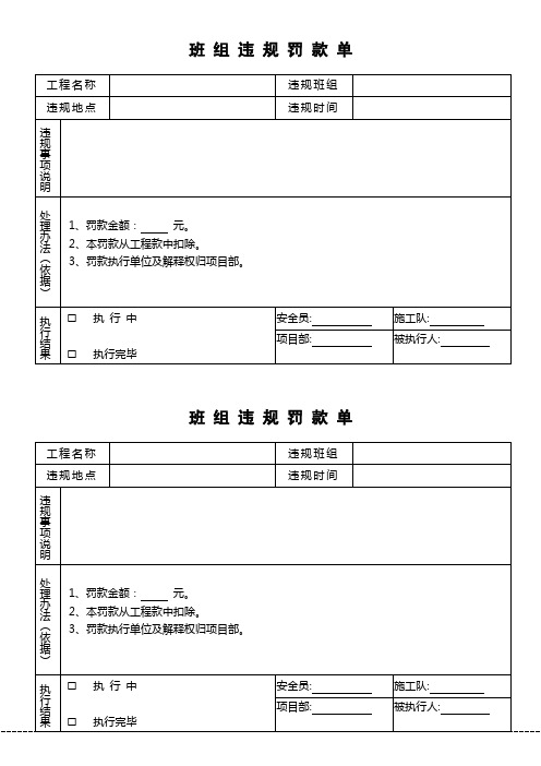 班组违规罚款单 工程名称|违规班组|违规地点|违规时间|违规事项说明