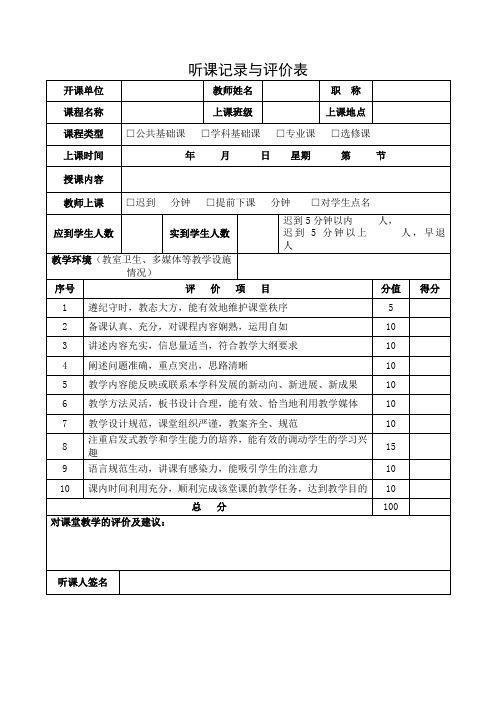 聽課記錄與評價表 開課單位|教師姓名|職稱|課程名稱|上課班級|上課