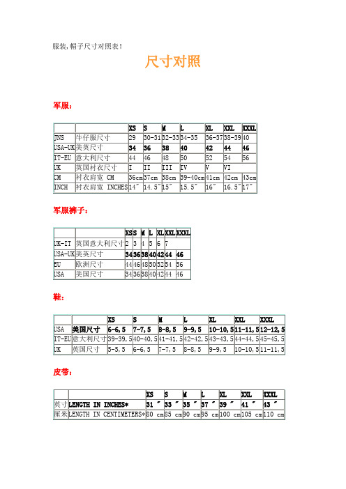 服装,帽子尺寸对照表!