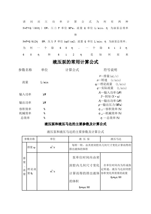 请问液压功率计算公式为何有两种 n=p*q/(60η) kw,压力p单位mpa,流量
