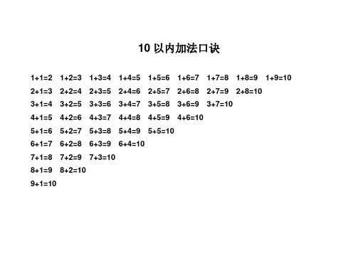 10以内加法口诀 1 1=2 1 2=3 1 3=4 1 4=5 1 5=6 1 6=7 1 7=8 1 8=9 1