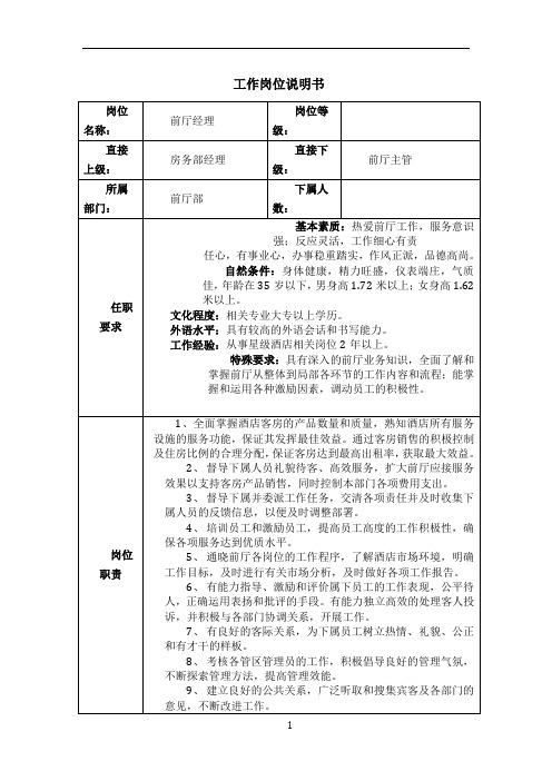 工作岗位说明书| 岗位名称:|前厅经理|岗位等级:|直接上级:|房务部
