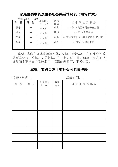 家庭主要成员及主要社会关系情况表(填写样式 填表人姓名:xxx称 谓