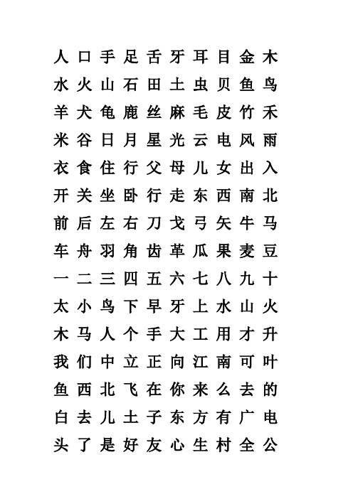 人口手足舌牙耳目金木 水火山石田土虫贝鱼鸟 羊犬龟鹿丝麻毛皮竹禾