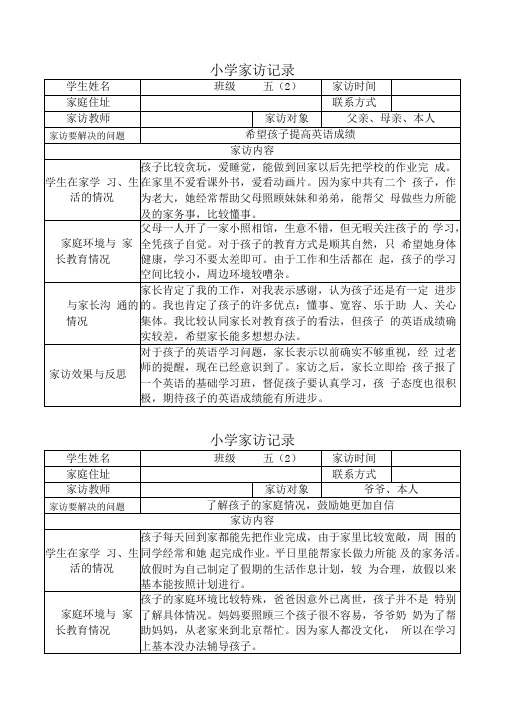 学生姓名|班级|五(2)|家访时间|家庭住址|联系方式|家访教师|家访对象