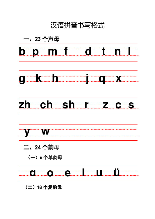 汉语拼音书写格式 一,23个声母 bpmfdtnl gkhjqx zhchshrzcs y w 二