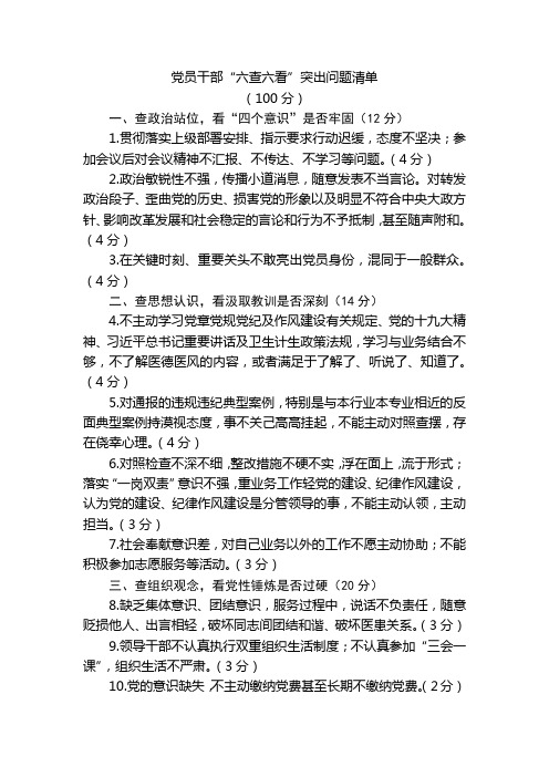 党员干部"六查六看"突出问题清单(100分 一,查政治站位,看"四个意识"