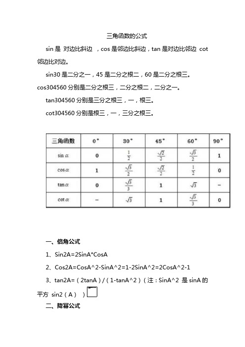 三角函数的公式 sin是 对边比斜边 ,cs是邻边比斜边,tan是对边比邻边
