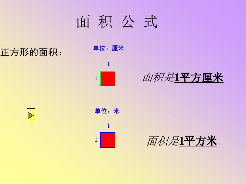 面積公式 正方形的面積: 單位:釐米 1 1 面積是1平方釐米 單位:米 1 1