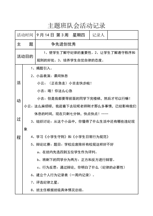 第3周 星期四|記錄人|主題|爭先進創優秀| 活動目的|1,使學生了解守