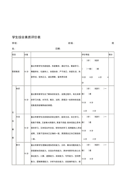 学生综合素质评价表 学校:班级:姓名:日期 项目|分值|评价等级|得分