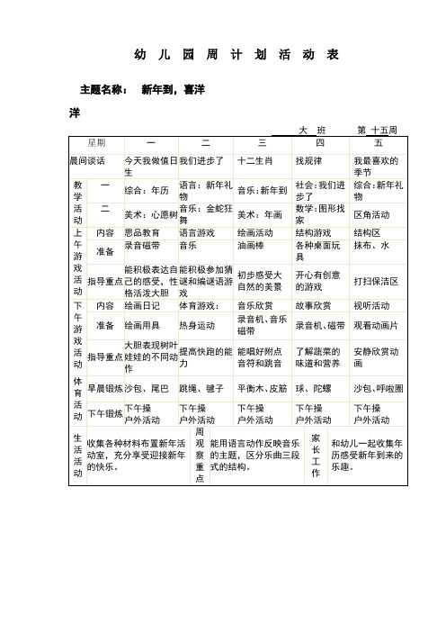 幼儿园周计划活动表 主题名称:新年到,喜洋洋 大班 第十五周 星期|一