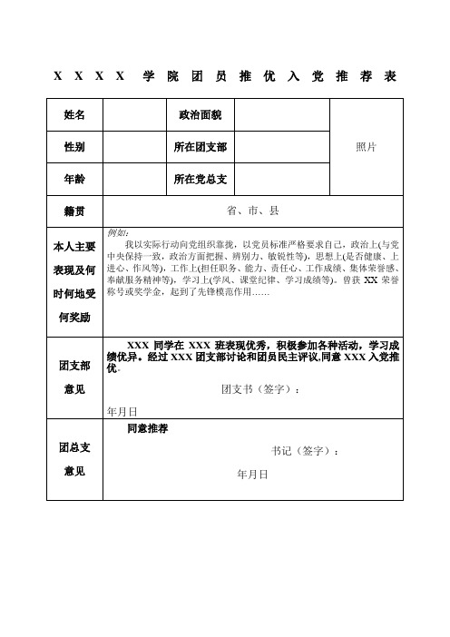 xxxx學院團員推優入黨推薦表 姓名|政治面貌|照片| 性別|所在團支部