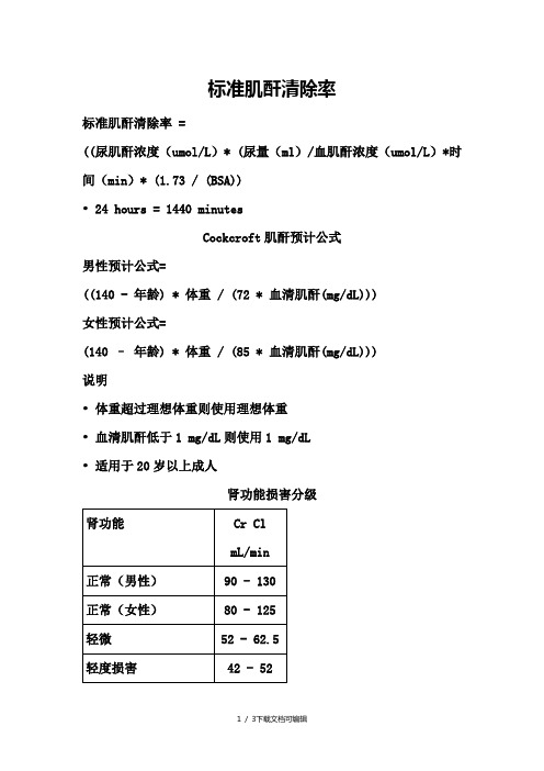 标准肌酐清除率 标准肌酐清除率= ((尿肌酐浓度(uml/l)* (尿量(ml)/血