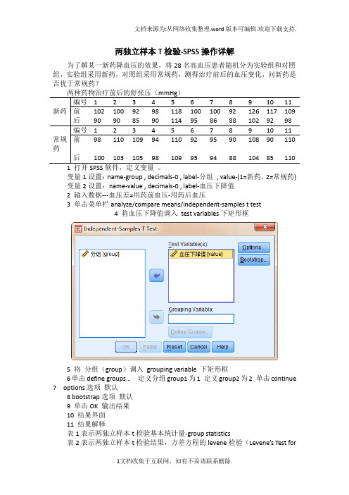 两独立样本t检验-spss操作详解 为了解某一新药降血压的效果,将28名高
