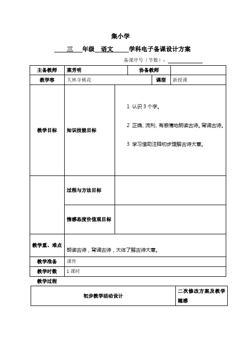 備課序號(節數):主備教師|菜芳明|協備教師|教學容|大林寺桃花|課型