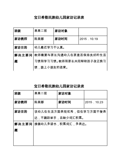 宝日希勒民族幼儿园家访记录表 班级|果果二班|家访对象|家访教师