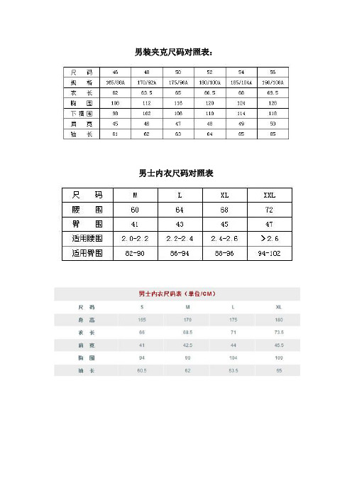男装夹克尺码对照表: 男士内衣尺码对照表 男士裤子尺码对照表 男装